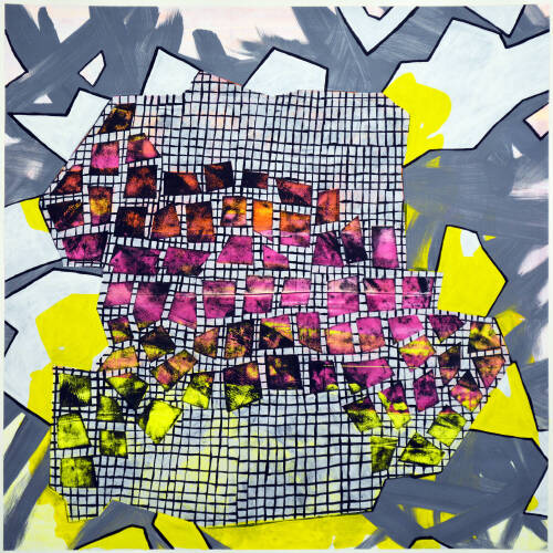 Abstract mixed media piece with a dark gray, white and yellow background with a much more detailed black, white, and pink grid at center.